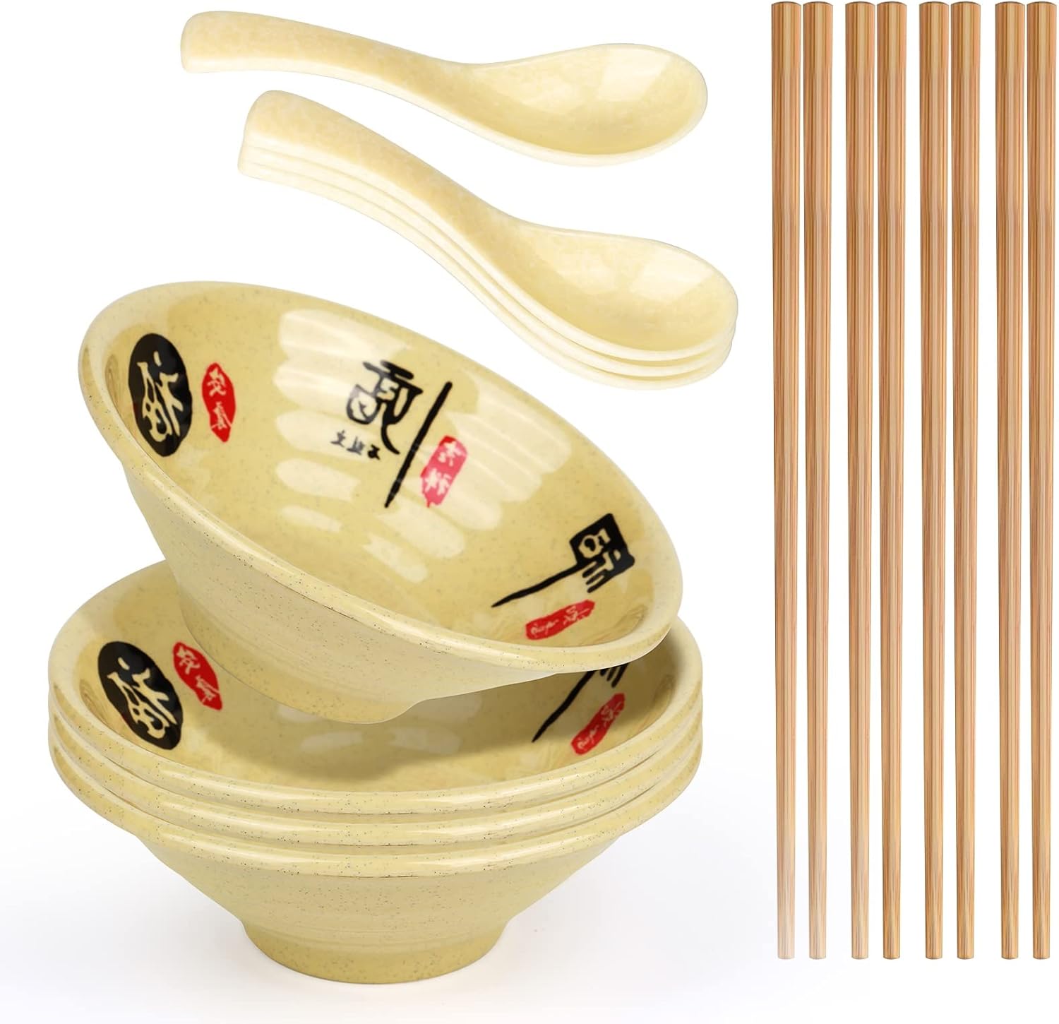 Melamine Ramen Bowl Chinese Japanese Style Soup Bowl Ramen Japanese Ramen Bowl, Instant Ramen Bowl, For Udon, Soba, Fo, Noodles, Breakfast, Melamine Material, Soup Bowl, Ramen, Asian Cooking (Color: A-4 sets/beige, Size: 9 inches)