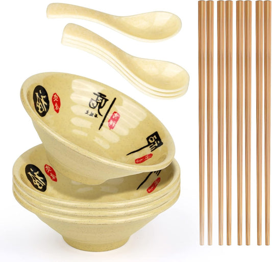 Melamine Ramen Bowl Chinese Japanese Style Soup Bowl Ramen Japanese Ramen Bowl, Instant Ramen Bowl, For Udon, Soba, Fo, Noodles, Breakfast, Melamine Material, Soup Bowl, Ramen, Asian Cooking (Color: A-4 sets/beige, Size: 9 inches)