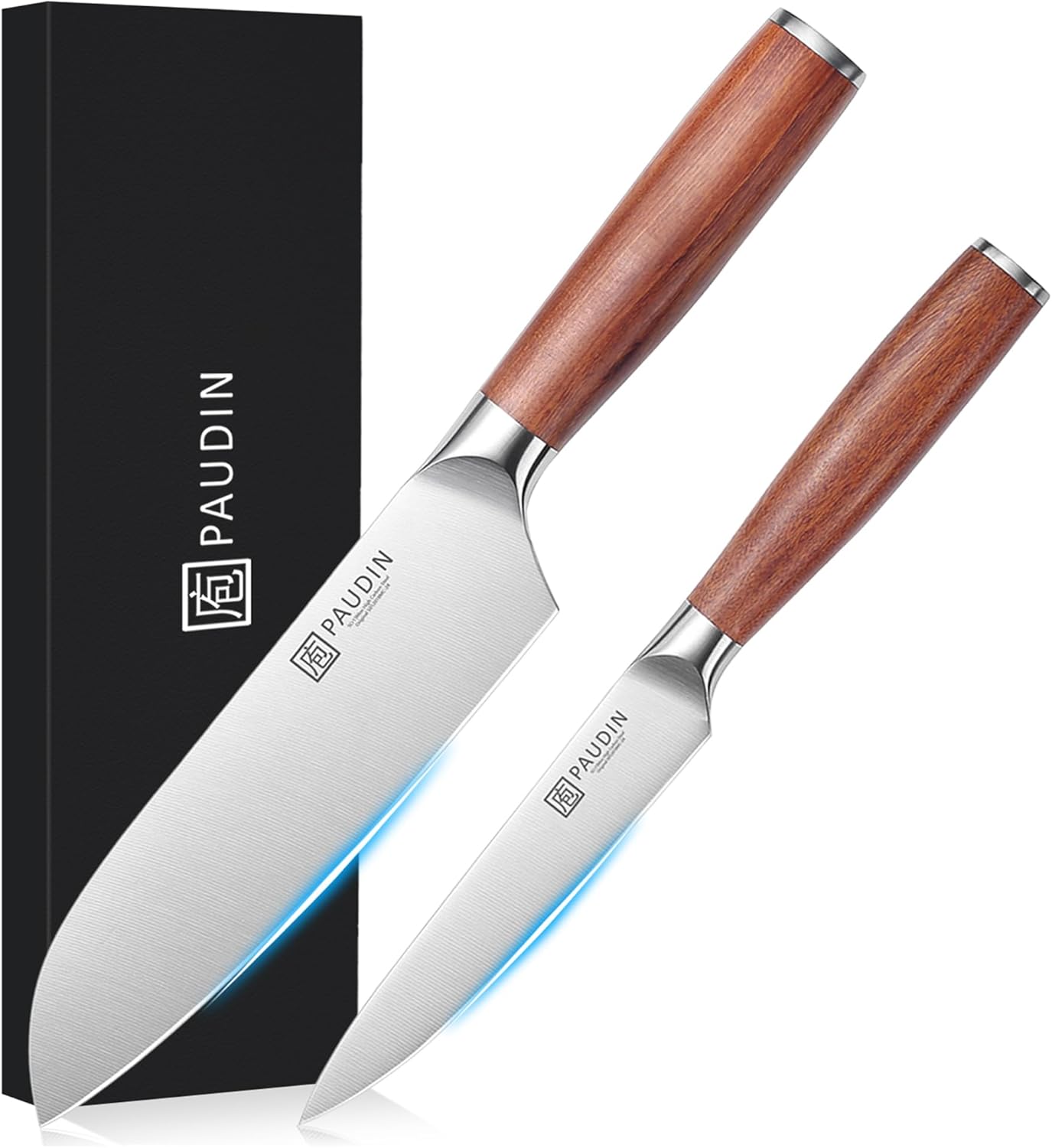 PAUDIN Santoku Knife Set, 2-Piece Set, Natural Wood Handle, Double-edged Knife, 5Cr15Mov, Stainless Steel, Rustproof, Long Sharp, For Meat/Fish/Vegetable Knife, Father's Day Gift