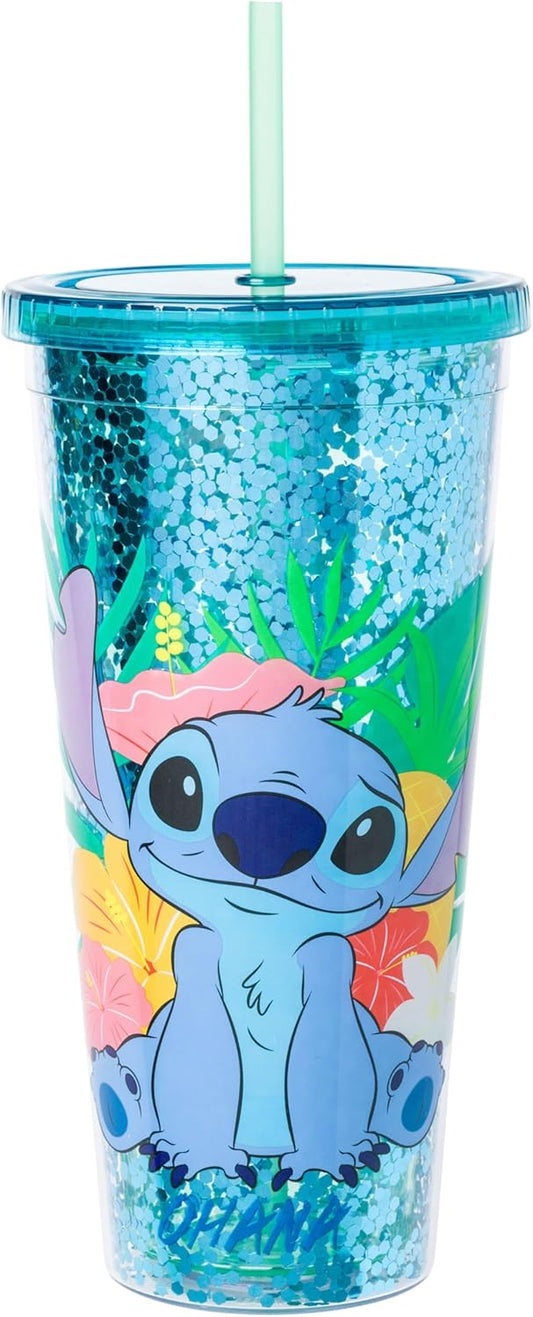 Silver Buffalo Disney Lilo and Stitch Ohana - Vaso de plástico con tapa y pajilla, 32 onzas