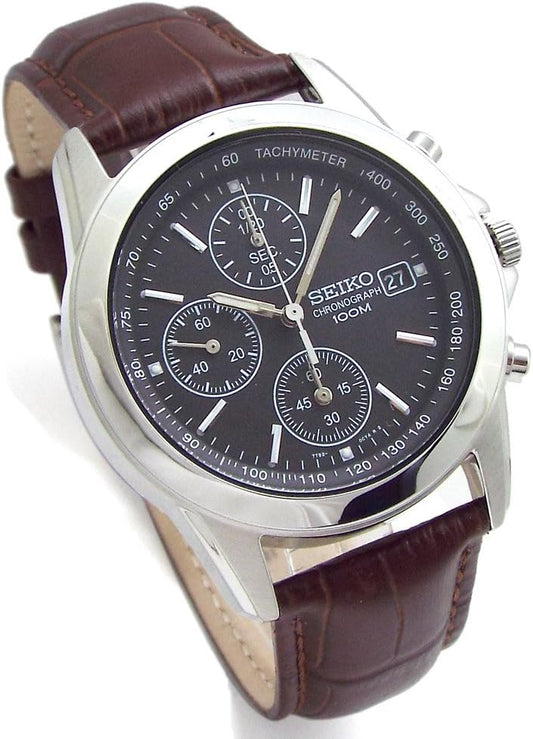 Seiko SND309P1/BR Chronograph Watch, Genuine Leather Strap Set, Genuine Seiko Distributed Product, Black