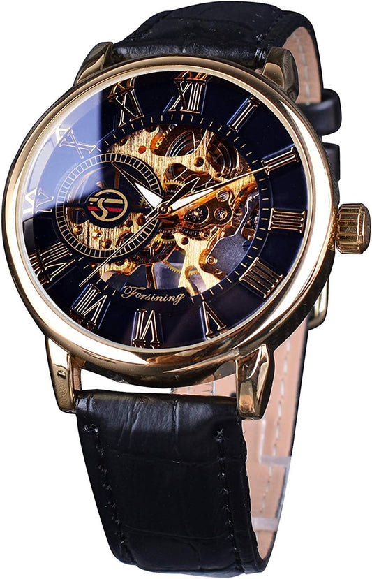 un bel tocco Men's Antique Skeleton Mechanical Watch Hand Wind Classical (Black/Gold), black/gold, Dress