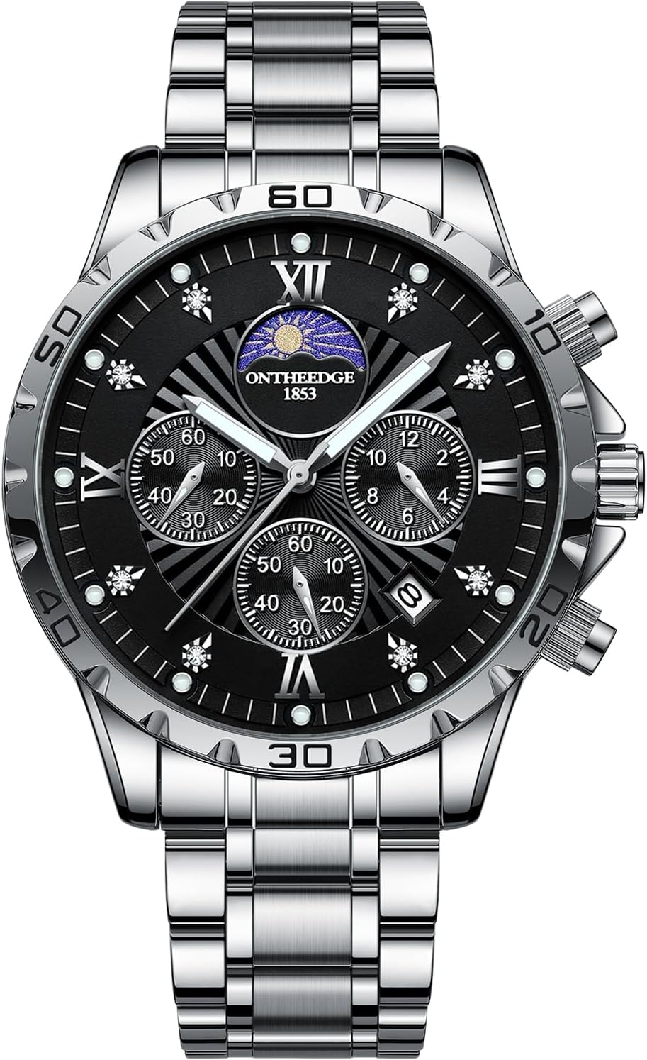 Men's Quartz Chronograph, Water Resistant to 3 ATM, Fashionable, Men's, Brand, Popular, Business, Simple, Date, Luminous, Stainless Steel Band, Men's, Job Hunting, Anniversary, Birthday, Classic Gift, Suit, Wrist Watch for Men (Silver Black)