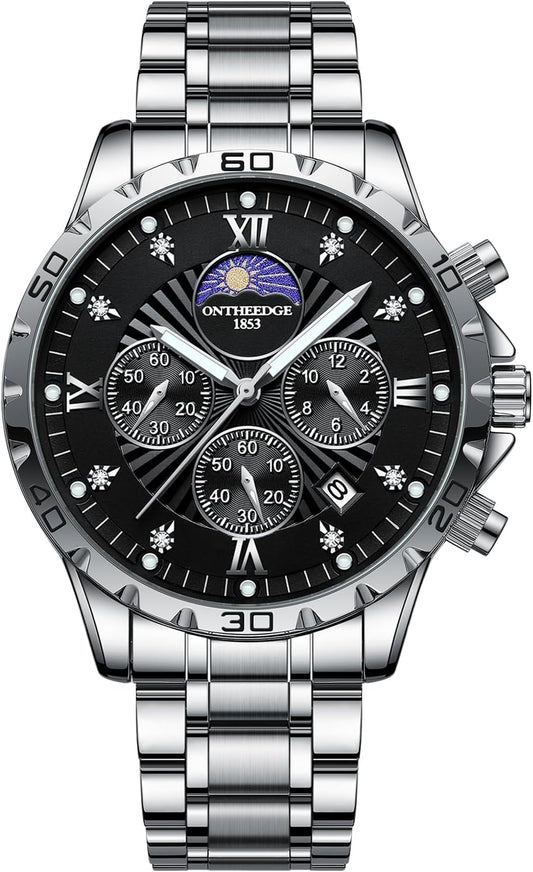 Men's Quartz Chronograph, Water Resistant to 3 ATM, Fashionable, Men's, Brand, Popular, Business, Simple, Date, Luminous, Stainless Steel Band, Men's, Job Hunting, Anniversary, Birthday, Classic Gift, Suit, Wrist Watch for Men (Silver Black)