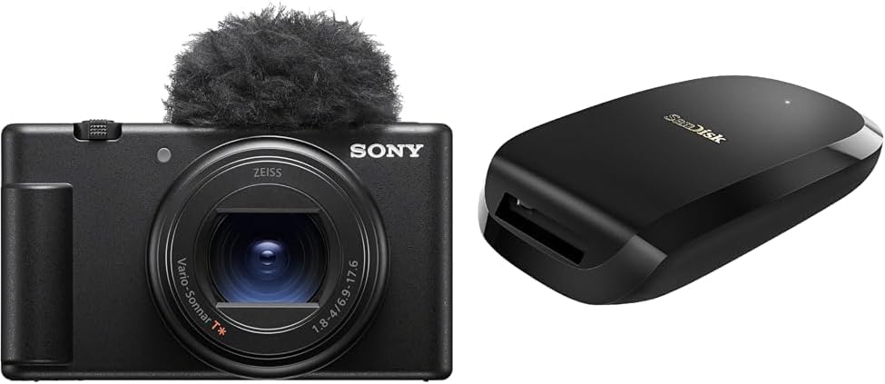 Sony ZV-1II Compact Digital Camera VLOGCAM Vlog Camera with Windscreen 18-50mm F1.8-4.0 Zoom Lens, Black ZV-1M2 B + [SanDisk Genuine Product] SanDisk Extreme Pro CFexpress Type B Card Reader USB 3.1