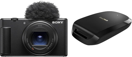 Sony ZV-1II Compact Digital Camera VLOGCAM Vlog Camera with Windscreen 18-50mm F1.8-4.0 Zoom Lens, Black ZV-1M2 B + [SanDisk Genuine Product] SanDisk Extreme Pro CFexpress Type B Card Reader USB 3.1