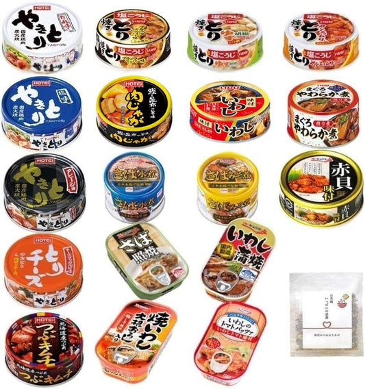Inaba, Hotei, and Kyokuyo Popular Canned Foods 18-Type Set | Yakitori, Mackerel Simmered in Miso, Tender Tuna, Red Clam, Whelk Kimchi | Meat, Fish, and Shellfish Variety Assortment [Ochawan Ippai no