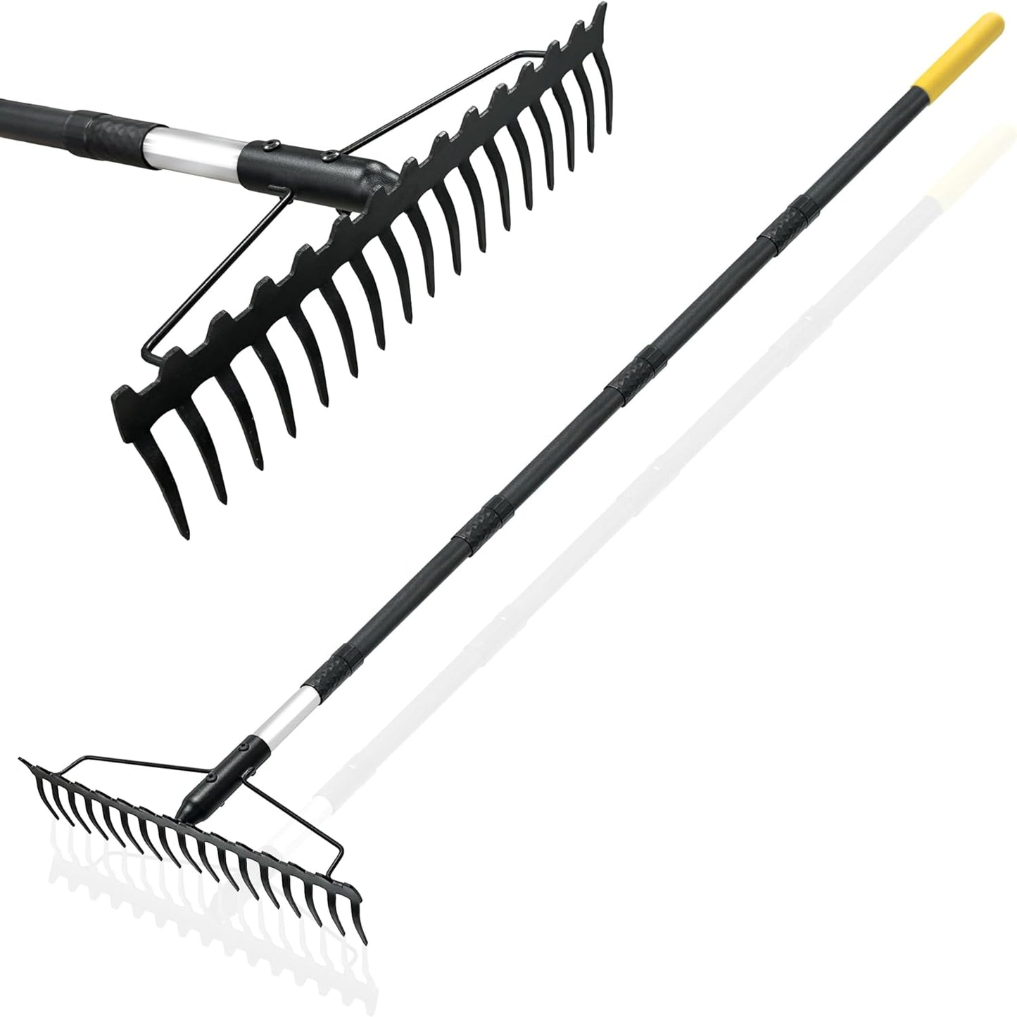 Rake Bow Rake, Adjustable Length, 3.3 - 5.6 ft (1 - 1.72 m), Stainless Steel Handle, 17 Manganese Steel Tines, Metal Head, Sturdy Design, Grass Cutting, Deciduous Leaf Collection, Leveling