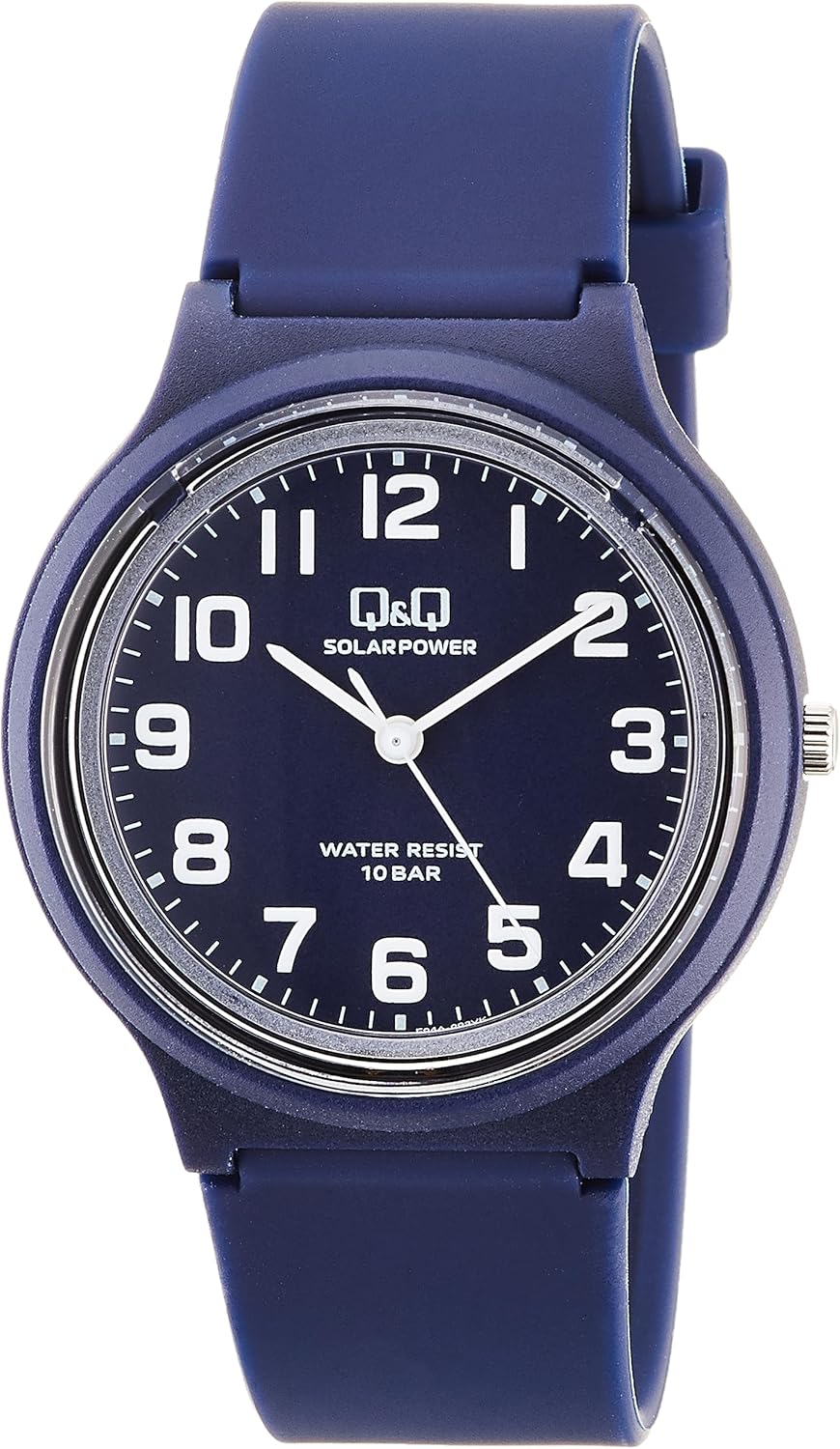 Citizen Q&Q Analog Solar Wristwatch, 10 ATM Water-Resistant, Urethane Strap, Battery Replacement Not Required, Lightweight, Easy-to-Read Dial, Simple E04A Series, blue, Classic