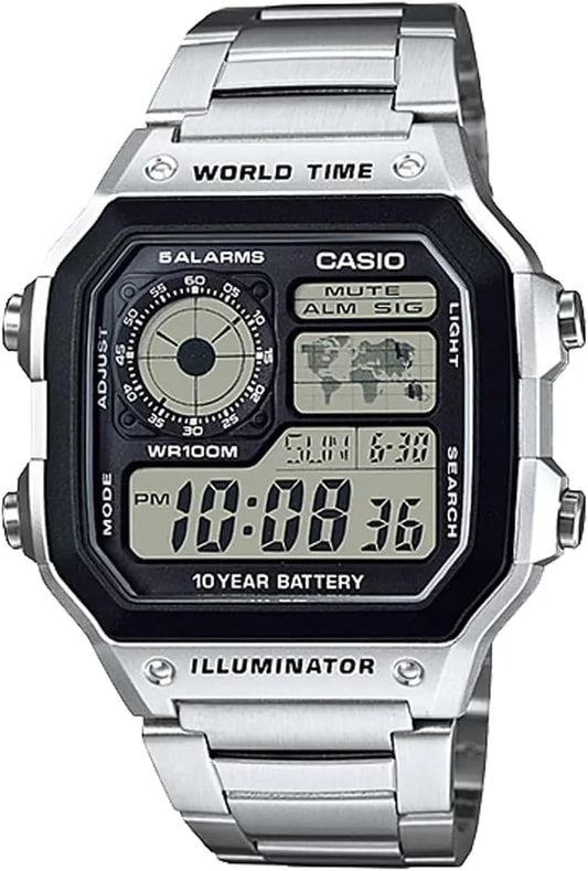 Casio World Time Digital Men's Watch AE-1200 Series International Model, Silver Metal AE-1200WHD-1AV, Bracelet Type