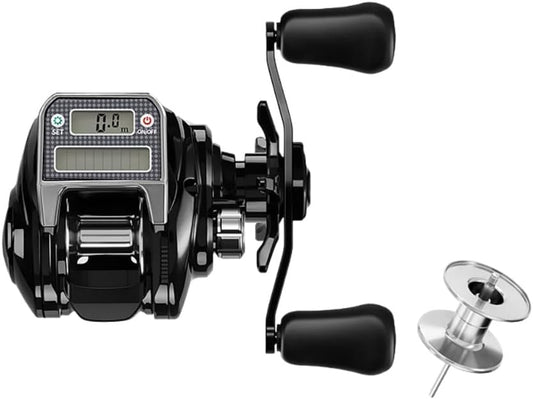 Electric Bait Fishing Reel, Gear Ratio Digital Fishing Reel, USB and Solar Powered, Accurate Line Counter, Bite Alarm Function, 10 Speed 7:3 Gear Ratio, Strong Magnetic Brake, Super Lug Power