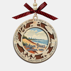 Adorno de Navidad del Parque Nacional de las Dunas de Indiana, diseño de corte láser de madera de 2 capas, decoración de árbol de vacaciones, regalo de recuerdo de viaje, dunas del lago