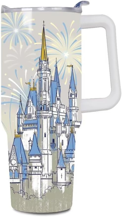 Castle - Vaso de 40 onzas con tapas y pajitas, vaso aislado de acero inoxidable, taza de viaje con fuegos artificiales, regalos para mujeres