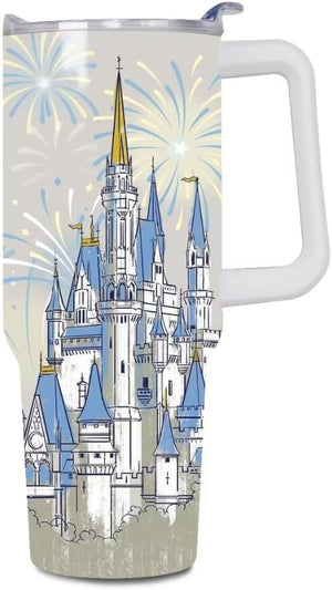 Castle - Vaso de 40 onzas con tapas y pajitas, vaso aislado de acero inoxidable, taza de viaje con fuegos artificiales, regalos para mujeres