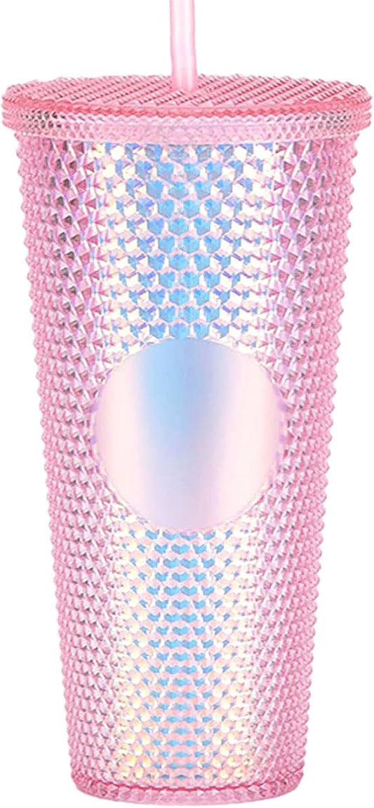 Vaso con Tachuelas con Pajita, Vasos con Tapas y Pajitas, Vaso Rosa con Pajita, Vaso Texturizado Sin BPA de Plástico de Doble Pared para Café Helado, Bebidas Frías o Agua 24 oz