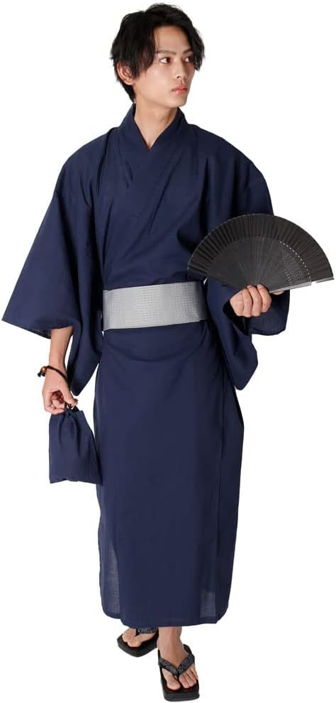 [GRADE] Men’s Yukata, Elegant Summer Kimono, 6-Piece Set (Yukata, Obi, Inner Belt, Narrow Sash, Fan, Geta Clogs), One-Touch Obi, Yukata Set