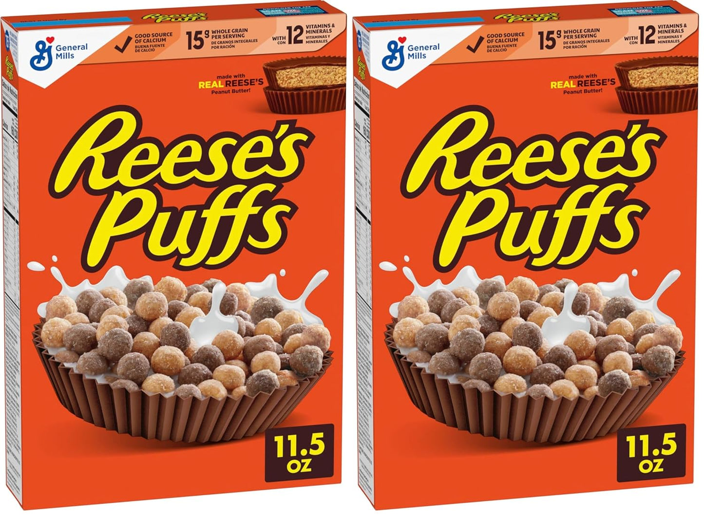Reese's Puffs, Cereal de mantequilla de maní con chocolate, caja de 11.5 onzas (paquete de 2)