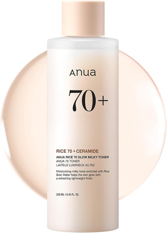 ANUA Rice 70 Glow Milky Toner, para piel de vidrio, agua de arroz, niacinamida, ceramidas, pantenol, sin fragancia, no comedogénico, seguro para el acné fúngico, cuidado de la piel coreano, 250ml