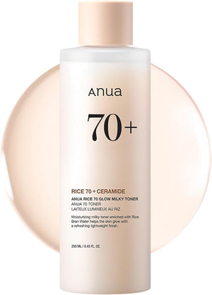 ANUA Rice 70 Glow Milky Toner, para piel de vidrio, agua de arroz, niacinamida, ceramidas, pantenol, sin fragancia, no comedogénico, seguro para el acné fúngico, cuidado de la piel coreano, 250ml