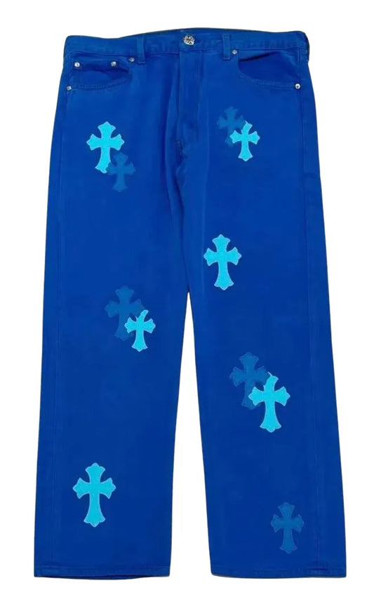 CHROME HEARTS 'LONDON EXCLUSIVE BLUE CROSS PATCH' JEANS