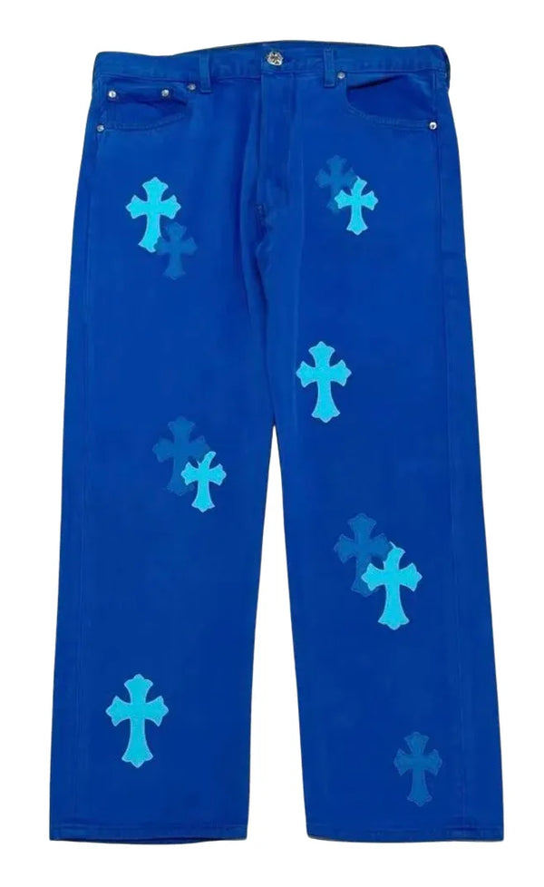 CHROME HEARTS 'LONDON EXCLUSIVE BLUE CROSS PATCH' JEANS