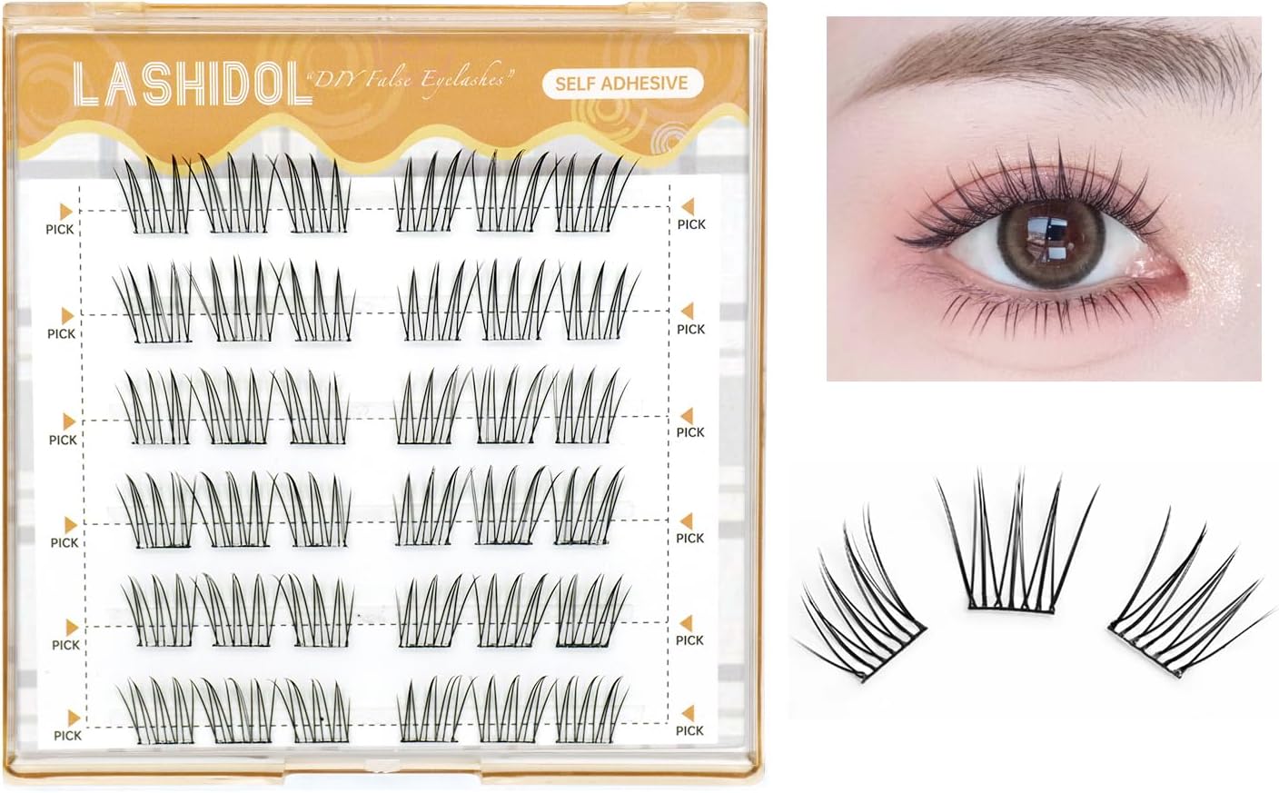 LASHIDOL Partial False Eyelashes, No Glue Needed, Instant Pita Eyelashes, For Parts, False Eyelashes, Glued Lashes, Glued Eyelashes, Glued Eyelashes, Segmented Self Adhesive Eyelashes, Natural,