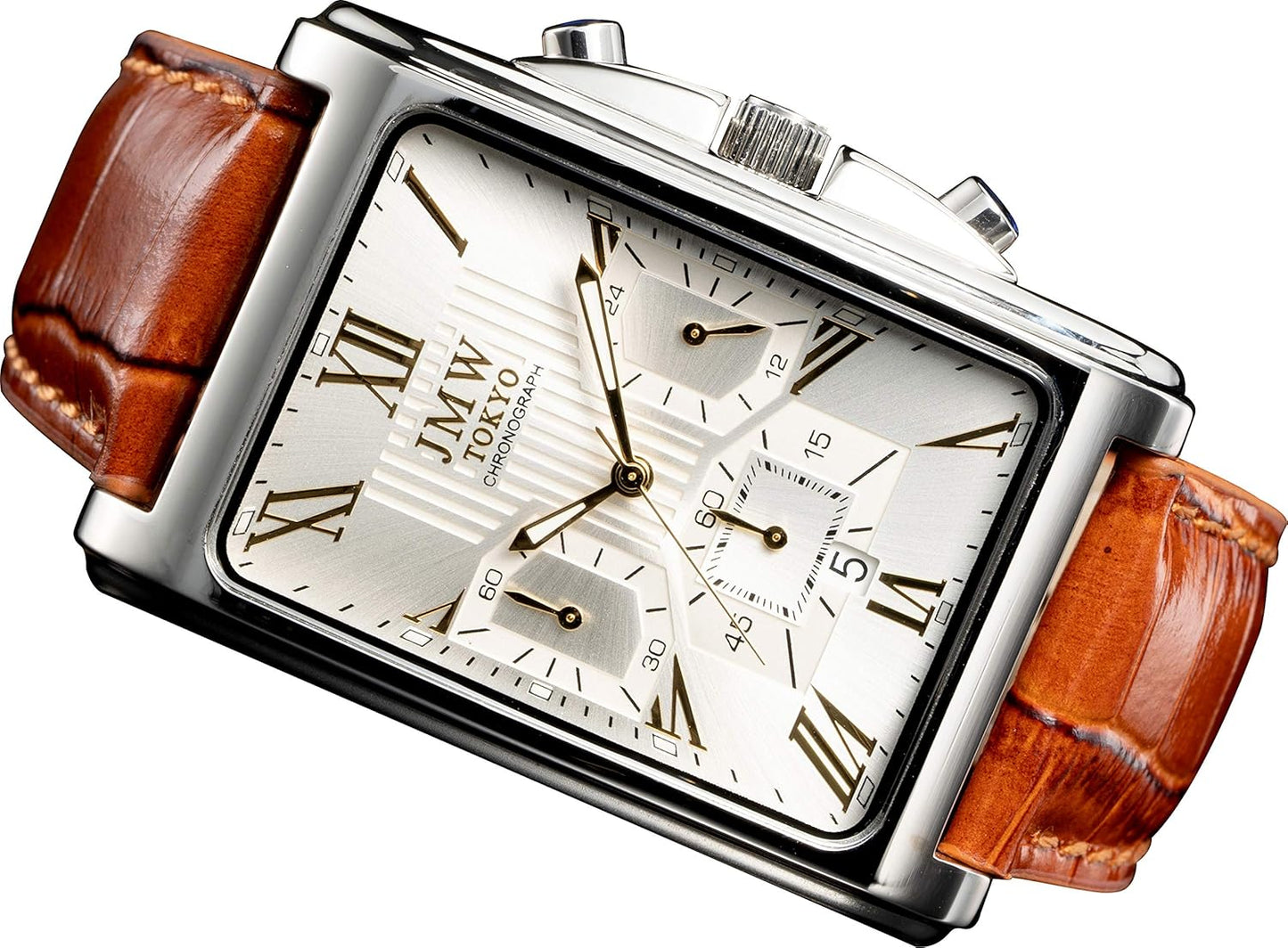 JMW TOKYO Men's Square Wristwatch, Silver & Gold Wristwatch, Square Rectangular Watch, Men's Chronograph, Limited Model, Seiko, Quartz, Leather Band, Genuine Leather, Business, Simple, Popular,