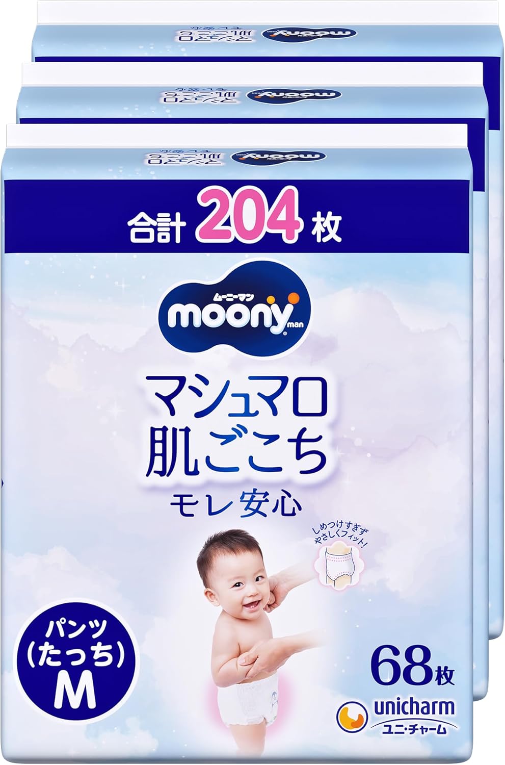 【Panties M Touch】 Moonyman Marshmallow Skin Comfort Leak-proof M Touch Diapers (6~12kg) 204 Sheets (68 Sheets x 3) [Case Product] 【Exclusive】