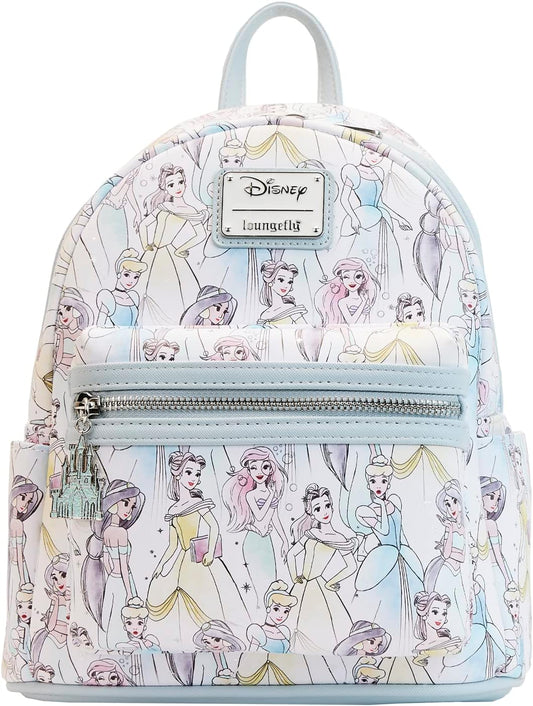 Loungefly Disney Princesas Boceto Colores Pastel Estampado Completo Bolso de Hombro con Doble Correa para Mujer Cartera