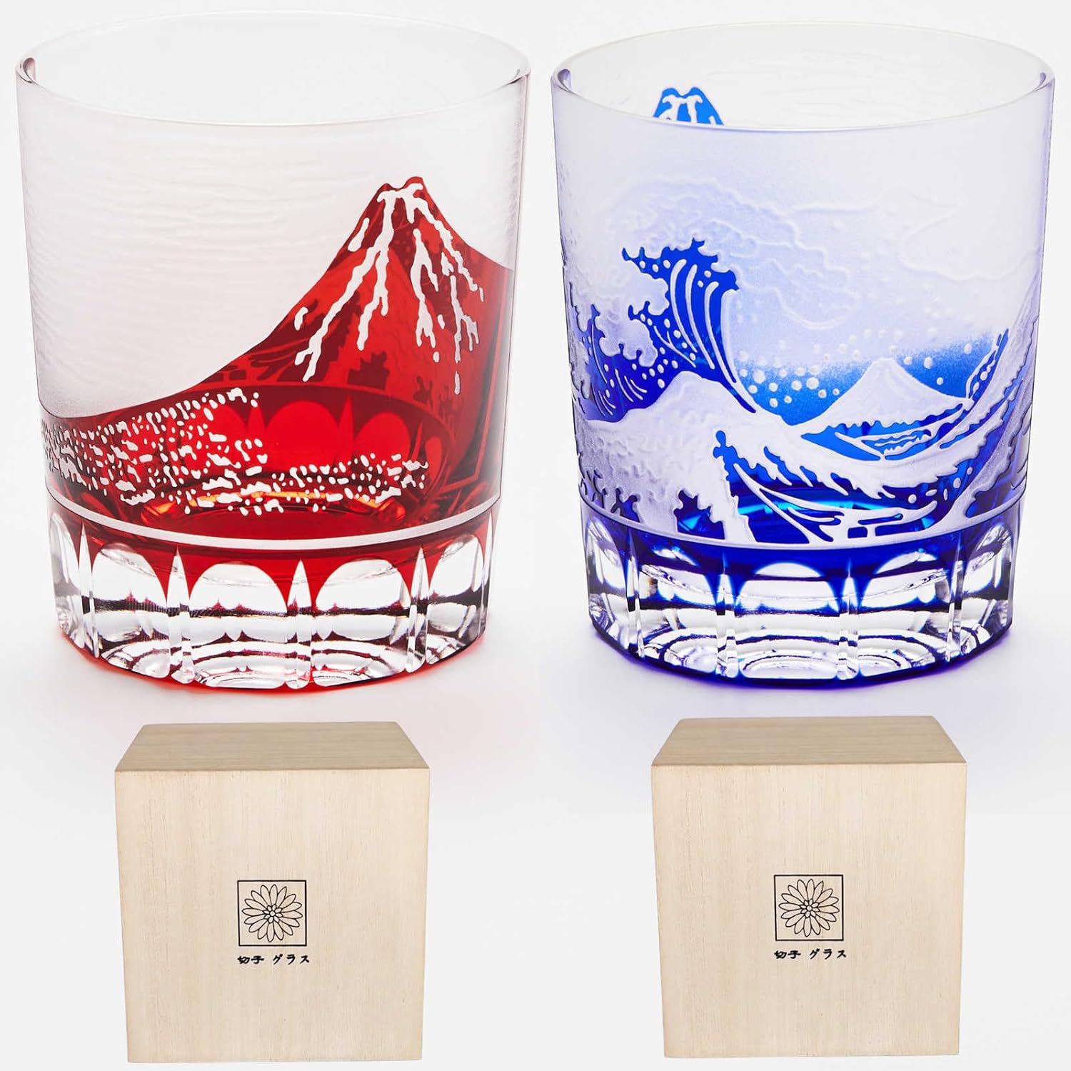 Mt. Fuji Rock Glass, Artisans, Handmade in Paulownia Box, Japanese Sake, Cold Liquor, Beer, Whiskey, Shochu, Stylish, Sake, Celebration, 6th Birthday, Wedding, Mother's Day, Father's Day, Gift, Popular Gift, 9.1 fl oz (260 cc), 2 Pieces, Red + Blue