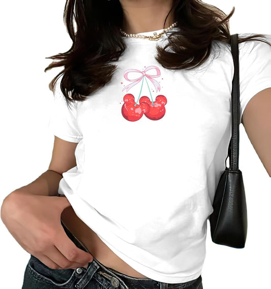 Camiseta con Lazo de Cerezas Rosa para Mujer: Blusas Coquette, Camisetas Estéticas de Chica Limpia, Camisetas Casuales de Verano de Manga Corta
