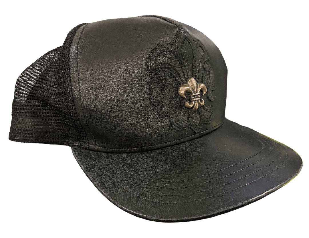 CHROME HEARTS 'FLEUR DE LIS' BLACK LEATHER TRUCKER HAT