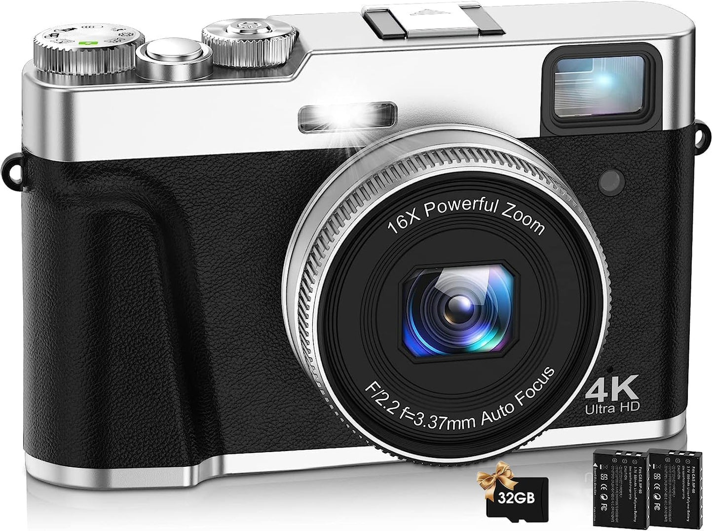 Oiadek 4K Digital Camera, Autofocus, 48 Megapixels, Vlog Camera, Digital Camera, Image Stabilization, Optical Finder, Mode Dial, 16x Zoom, LED Light, DSLR, Compact, 32GB Card Included, 2 Batteries