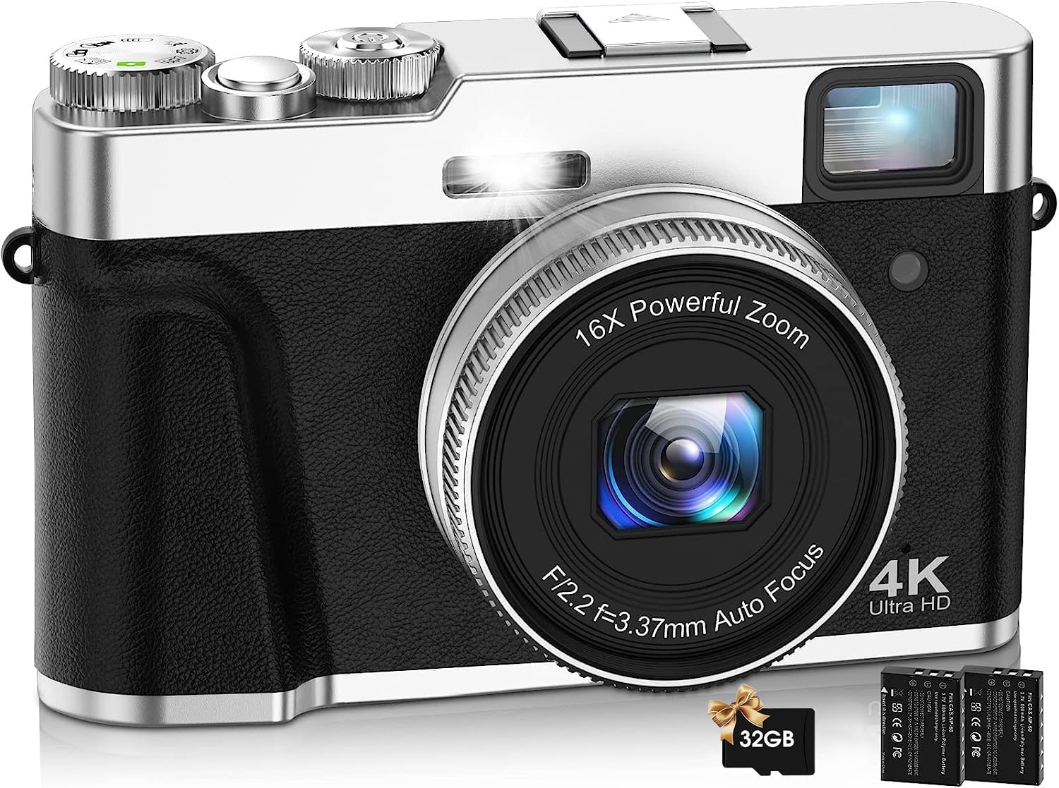 Oiadek 4K Digital Camera, Autofocus, 48 Megapixels, Vlog Camera, Digital Camera, Image Stabilization, Optical Finder, Mode Dial, 16x Zoom, LED Light, DSLR, Compact, 32GB Card Included, 2 Batteries