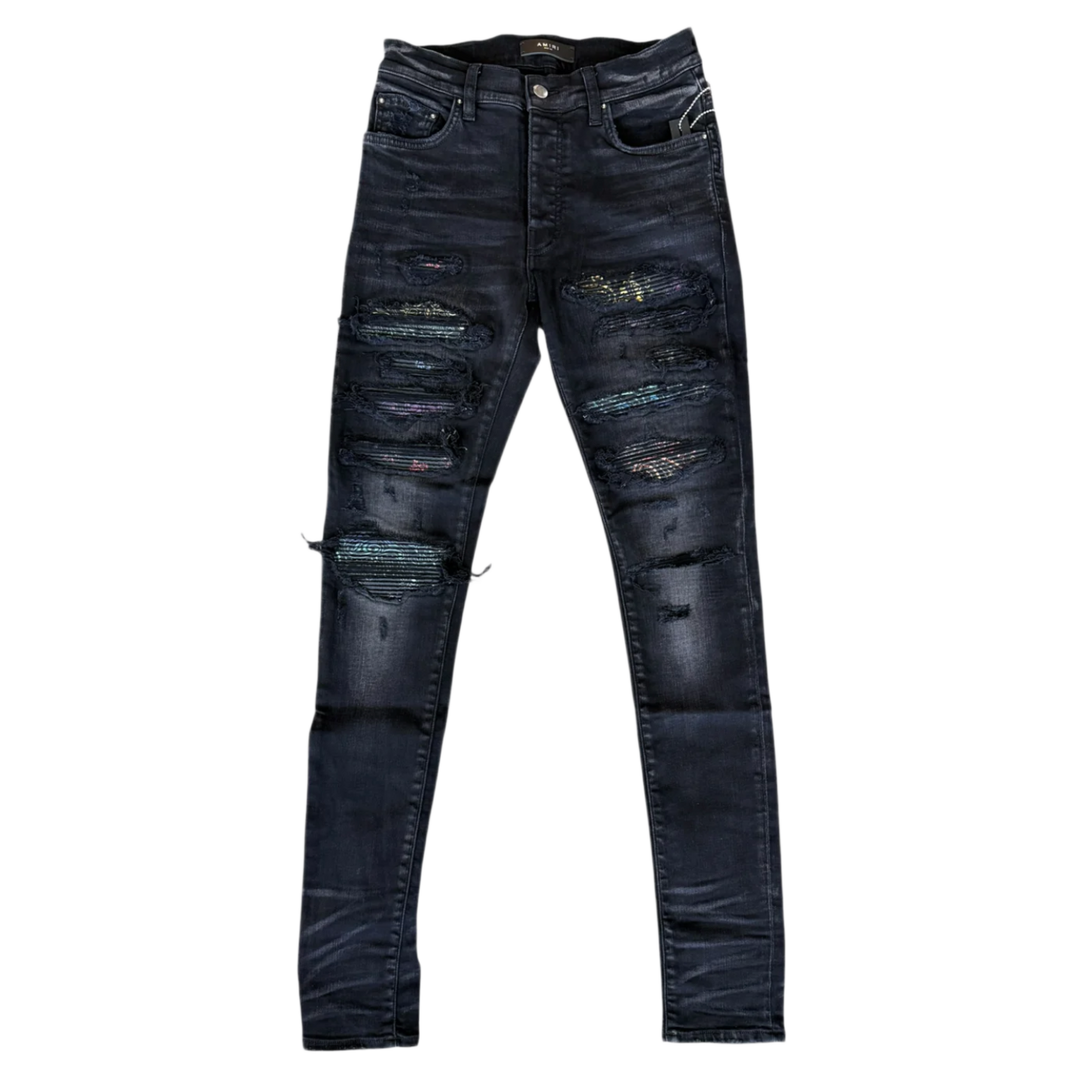 AMIRI 'AGED BLACK DISTRESSED RAINBOW PAISLEY THRASHER' JEANS