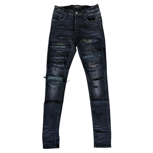 AMIRI 'AGED BLACK DISTRESSED RAINBOW PAISLEY THRASHER' JEANS