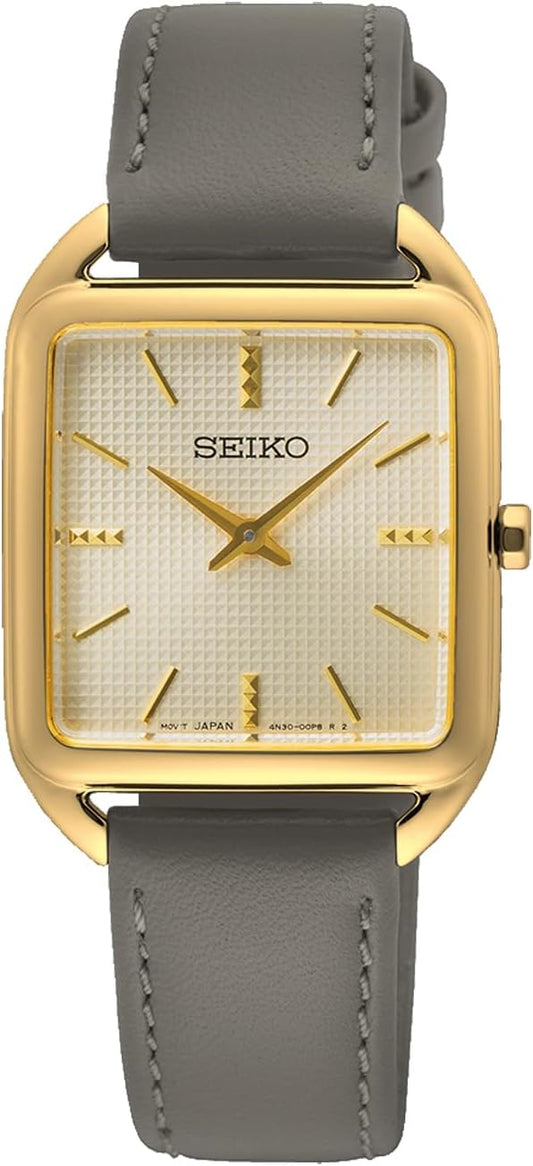 Seiko SWR090P1 Women's Quartz Watch, Square Design, Gold, Gray Leather Band, gray