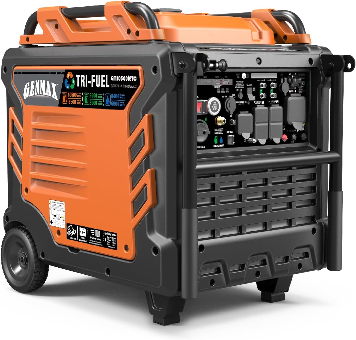 GENMAX GM10500iETC Tri-Fuel Inverter Generator, 10500 Watt, 458cc Tri-Fuel Gas, Propane, Natural Gas, Portable Generator, Ideal for Home Backup Power Supply, EPA & CARB Compliant, 50-State Approved