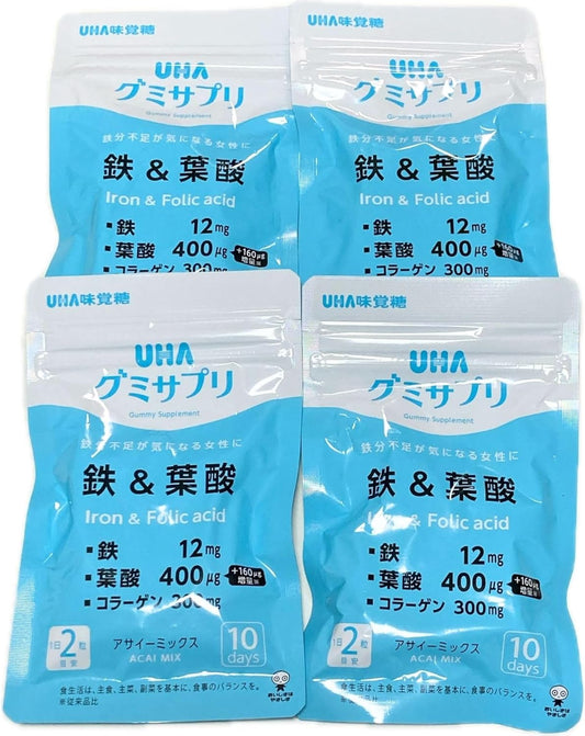 UHA Taste Sugar Gummy Supplement, Iron, Folic Acid, Acai Mix, Iron, 10 Day Supply x 4 Bags, 80 Tablets, Total 40 Day Supply