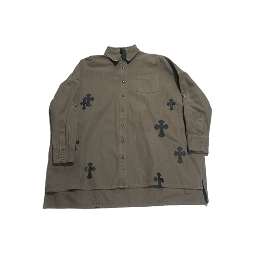 CHROME HEARTS 'OLIVE' 22 CROSS PATCH BUTTON UP SHIRT