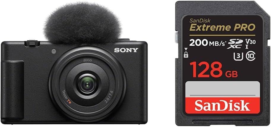 Sony Vlog Camera VLOGCAM Digital Camera ZV-1F Windscreen Included, Monofocal Lens, Black ZV-1F B + [SanDisk Genuine] SD Card, 128 GB SDXC Class 10, UHS-I V30, Up to 200 MB/s Reading, SanDisk Extreme