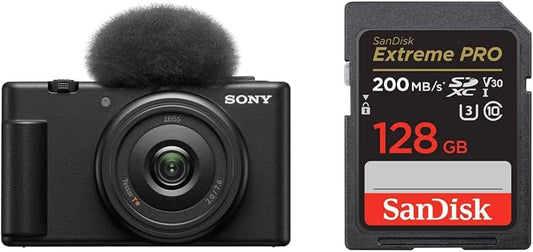 Sony Vlog Camera VLOGCAM Digital Camera ZV-1F Windscreen Included, Monofocal Lens, Black ZV-1F B + [SanDisk Genuine] SD Card, 128 GB SDXC Class 10, UHS-I V30, Up to 200 MB/s Reading, SanDisk Extreme