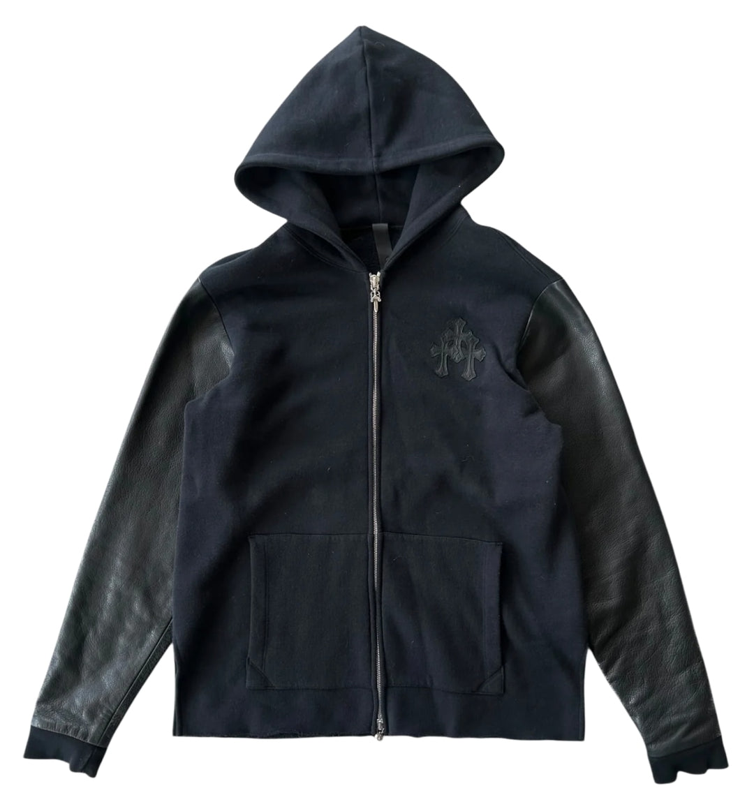 CHROME HEARTS 'TRIPLE CROSS' PATCH LEATHER SLEEVE ZIP UP HOODIE