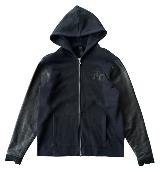 CHROME HEARTS 'TRIPLE CROSS' PATCH LEATHER SLEEVE ZIP UP HOODIE