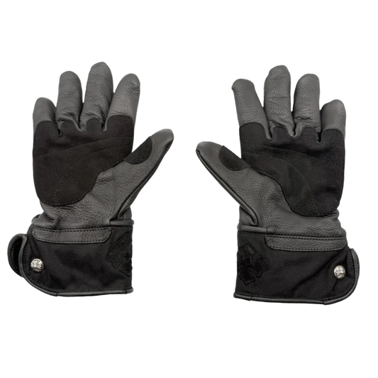 CHROME HEARTS 'SILVER BUTTON SUEDE LEATHER CROSS' MOTORCYCLE GLOVES