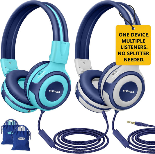 SIMOLIO Manyshare Series - 2 Pack Kids Headphones for School with Sharing Port 75/85/94dB Volume Limited Wired Headphones with Mic for Chromebook iPad Foldable Headset Airplane School Gaming for Boys Girls