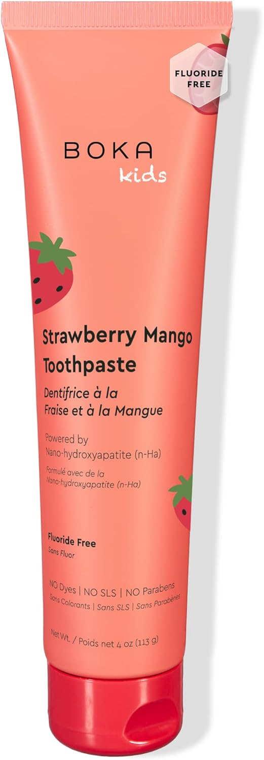 Boka Pasta de dientes sin flúor Nano Hydroxiapatite Pasta de dientes - Sabor fresa y mango, 4 oz 1 paquete