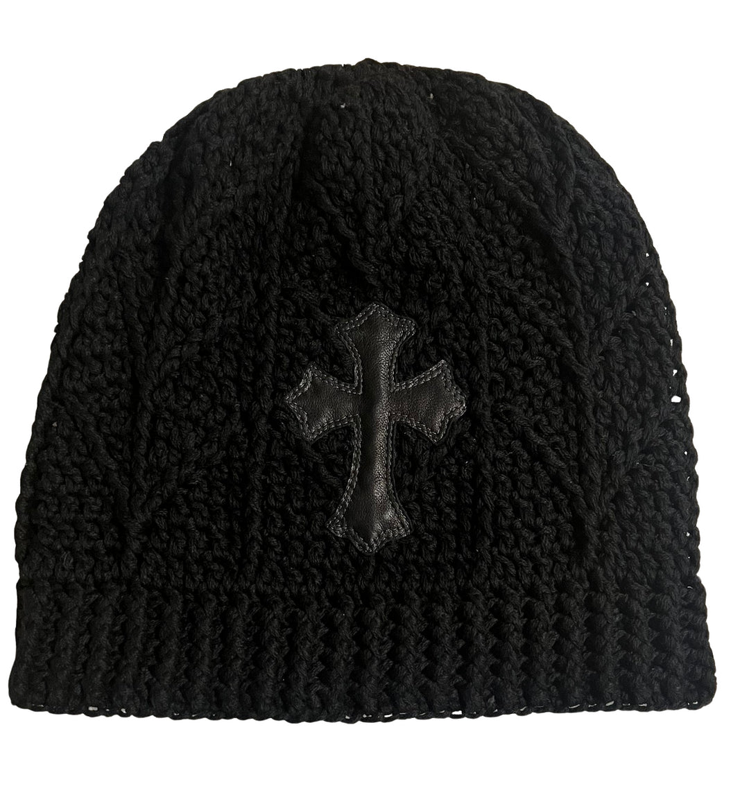 CHROME HEARTS 'LEATHER CROSS' BLACK KNIT BEANIE