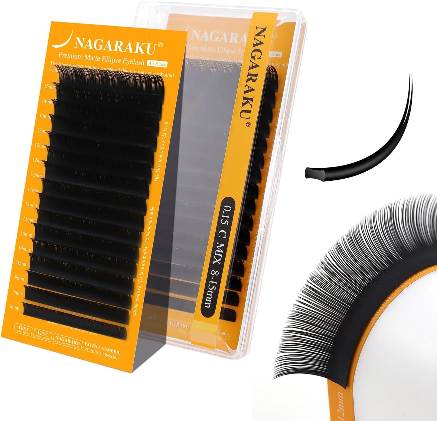 NAGARAKU Flat Rush Upgraded Air Series Matsueku C Curl Double Tip Type 0.15mm Thickness 8-15mm Length 16 Rows Natural Extensions Black