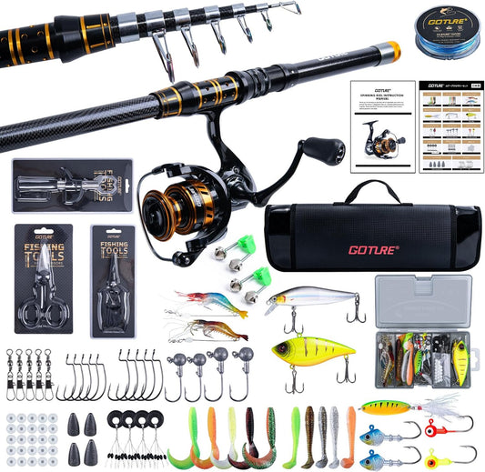 Goture Fishing Set, 3000 Spinning Reel Included, 66 Lures, for Beginners, Waterproof Storage Bag and Japanese Instruction Manual Included, Portable, Ultra Lightweight, Telescopic, Draw Fishing
